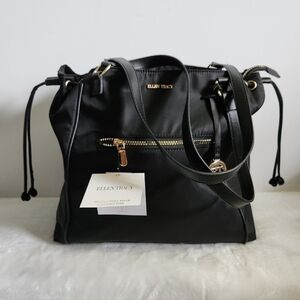 Ellen Tracy Black Gold Twill Nylon East West Tote Shoulder Bag Purse NWT